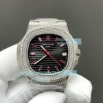 E7 Factory Swiss Clone Patek Philippe Nautilus Full Diamond Watch Grey Dial and Rubies 